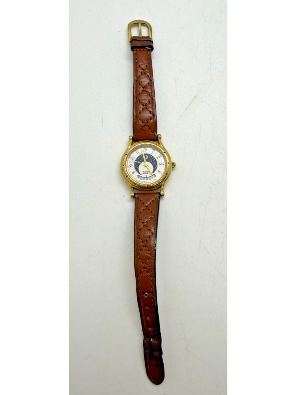 Vtg Brittania Moon Phase Quartz Watch BL232 Gold Tone Date Brown Leather Band - Picture 2 of 8